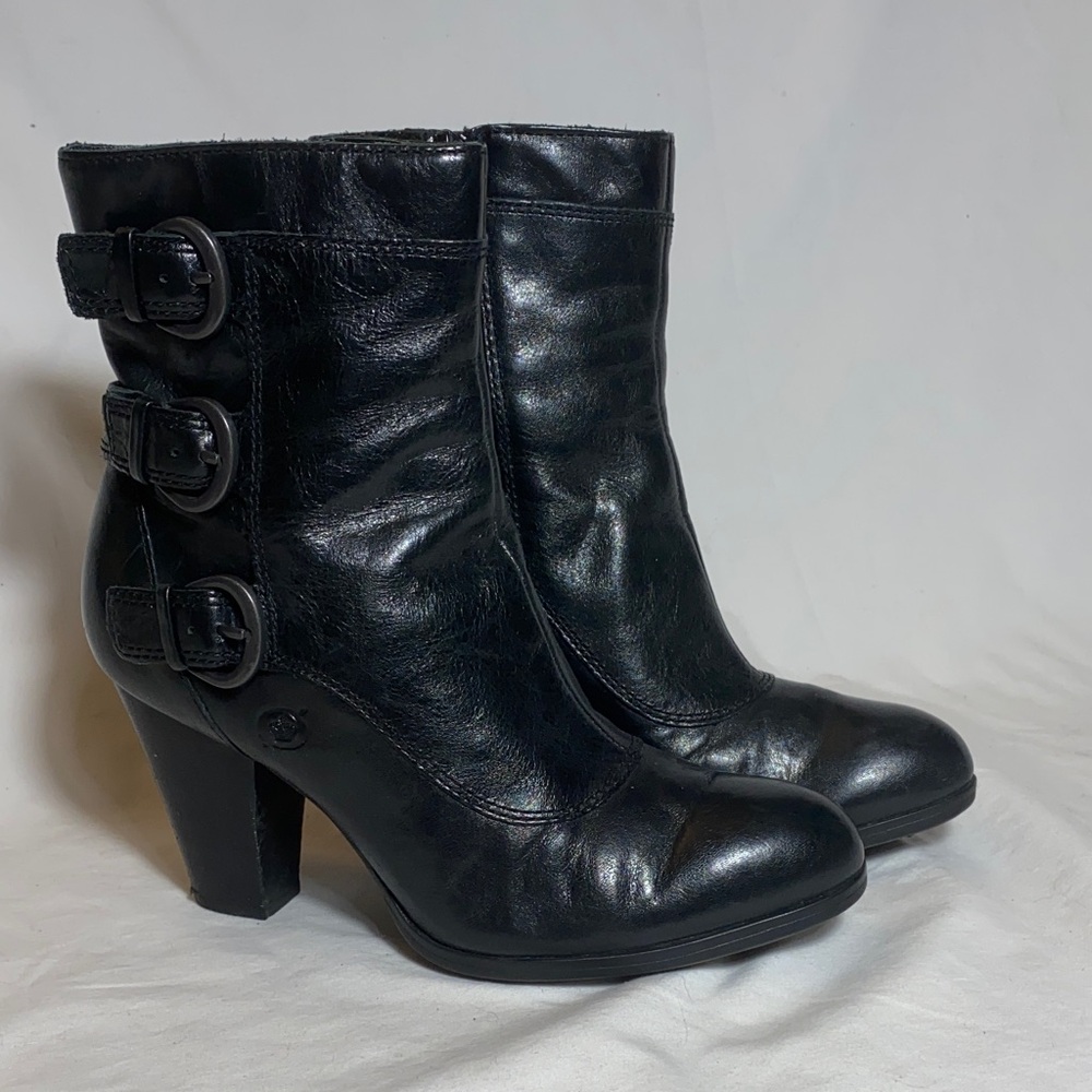 Born Black Leather Ankle Heel Boots with Buckles and full zipper - women-6M